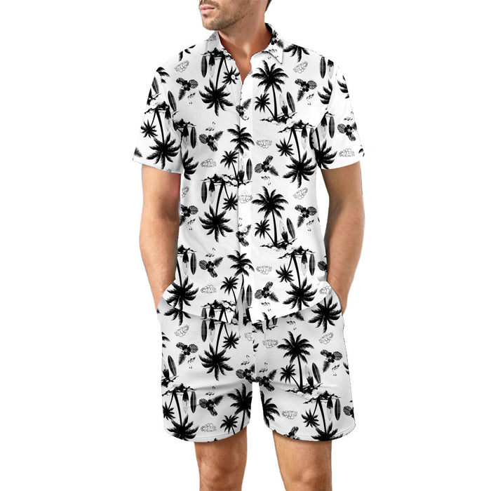 2Pcs Printed Beach Shirt Summer Suit Loose Lapel Button Top And Drawstring Pockets Shorts Casual Short Sleeve Suits For Men