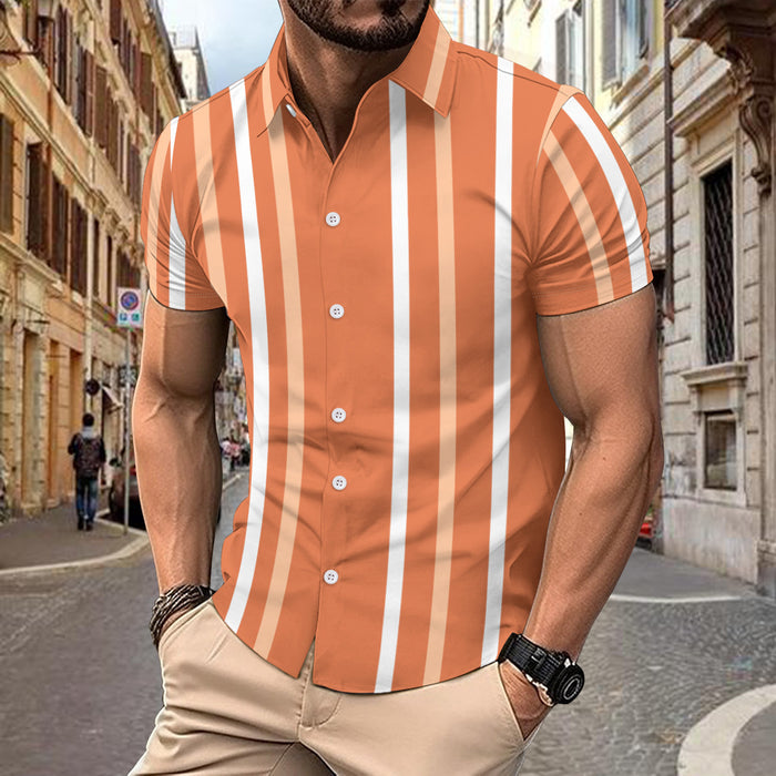 Casual Stripe Printed Short Sleeve Shirt Summer Lapel Button Top