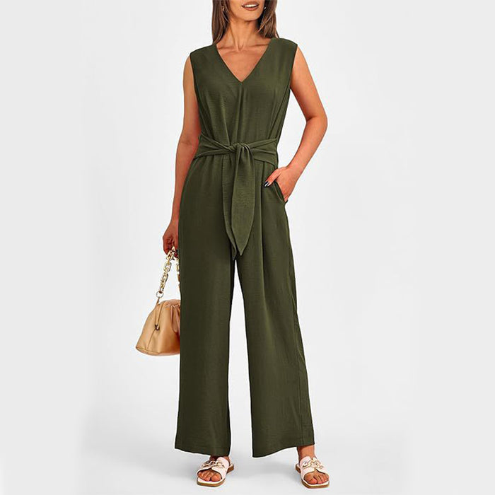 V-neck Sleeveless Long Jumpsuit With Pockets And Lace-up Design Wide-leg Straight Trousers