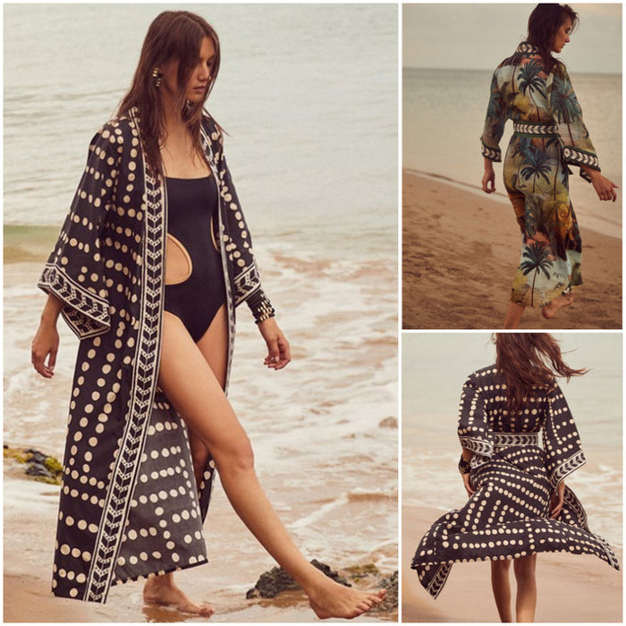 Lace-up Printed Long Beach Cover Up