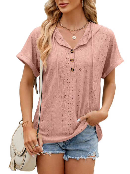 Solid Color Hooded Button T-shirt Loose Short-sleeve Top