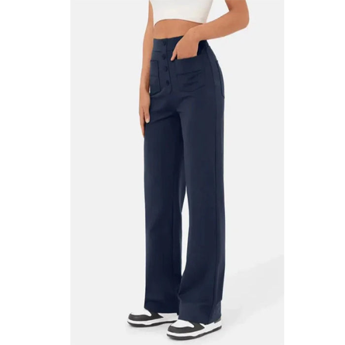 High Waist Trousers With Pockets Casual Loose Wide Leg Button Straight Pants