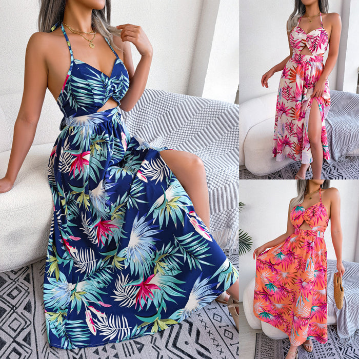 Flower Sleeveless Cutout Sling Long Dress Holiday Beach Dress