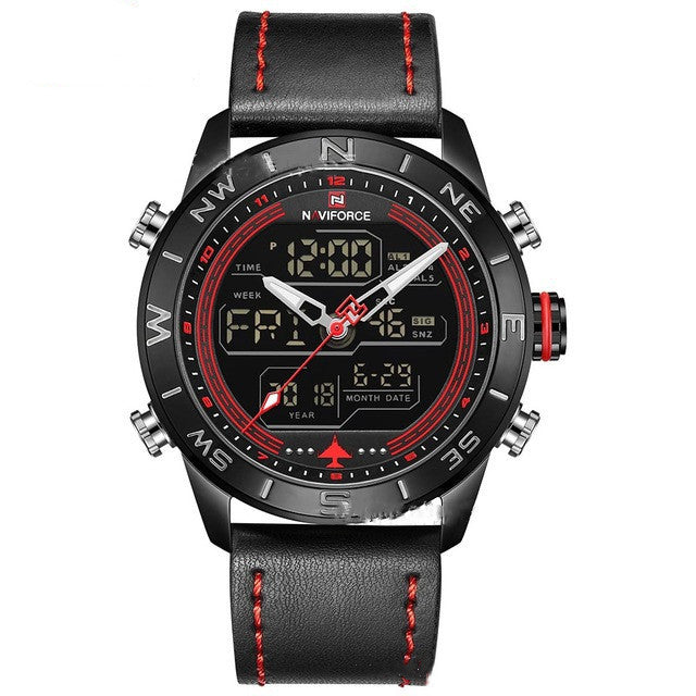 NAVIFORCE 9144 Fashion Gold Men Sport Watches Mens LED Analog Digital Watch Leather Quartz Watch Relogio Masculino