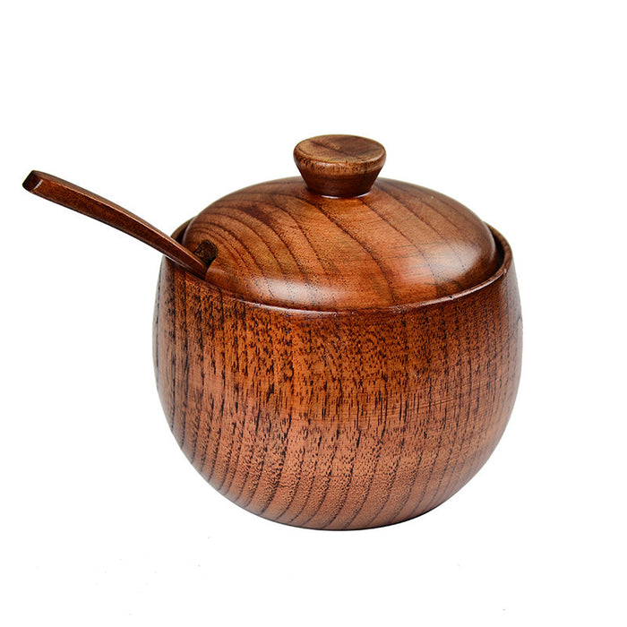 Jujube Wooden Salt Jar With Lid And Spoon