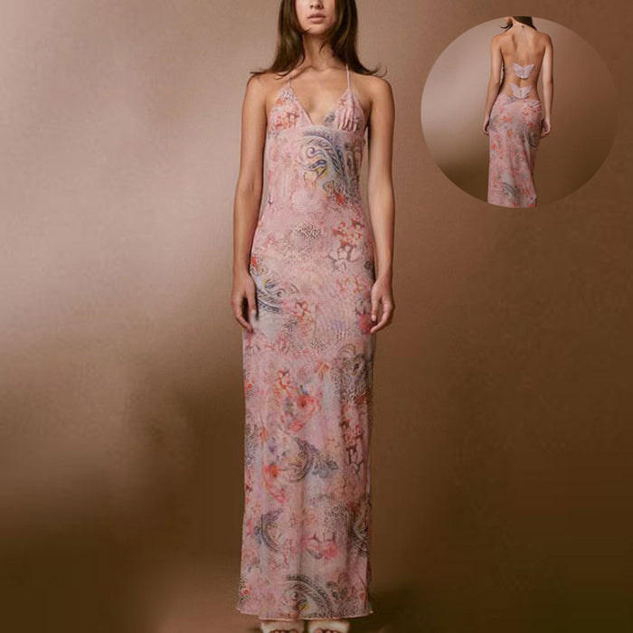 Floral Print Halter Spaghetti Straps Dress