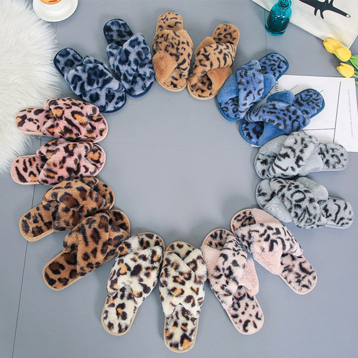 Cross-strap Fuzzy Slippers Leopard Plush House Shoes Flat Bedroom Slippers