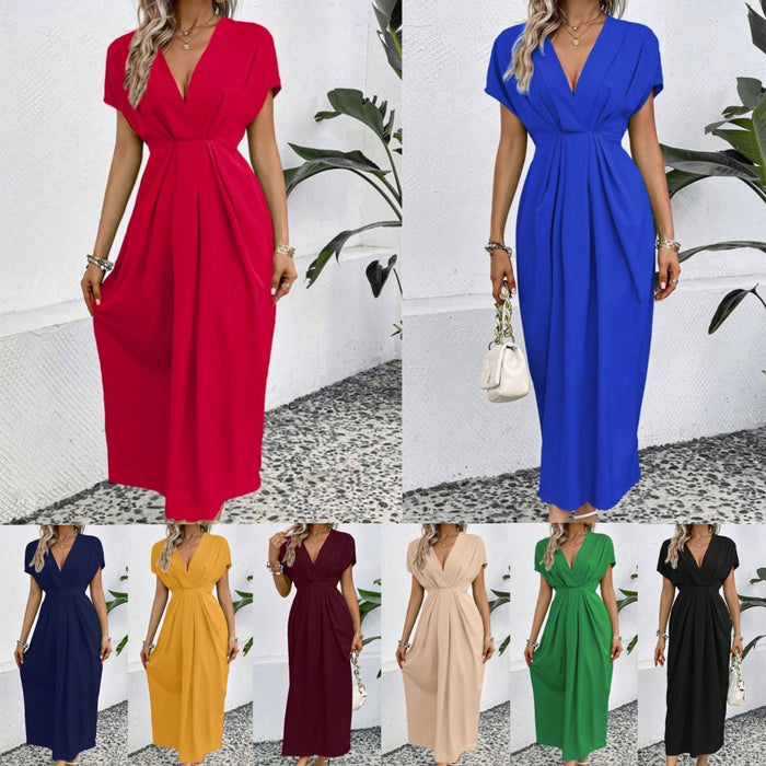 Solid Color V Neck Shoulder Sleeve Folding Elastic Waist Long Dress