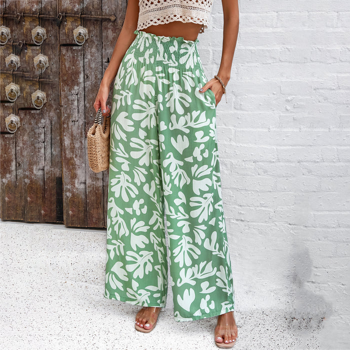 Elegant Printed Trousers Summer Loose Elastic High Waist Straight Pants