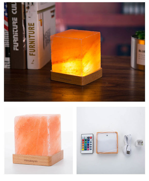 led square wooden base crystal salt lamp