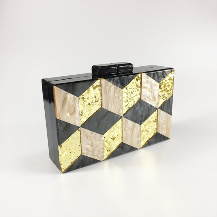 Vintage Sequined Acrylic Evening Bag Geometric Check Panel Clutch Dress