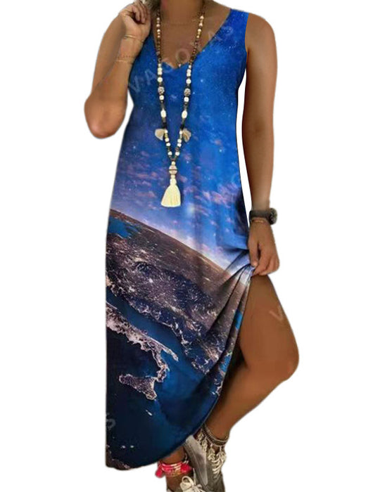 V-Neck Printed Sleeveless Long Jumpsuit Casual Beach Dress