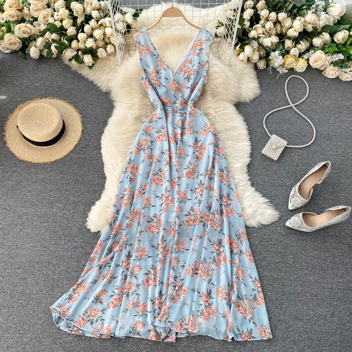 V-neck Waist Long Chiffon Floral Beach Dress