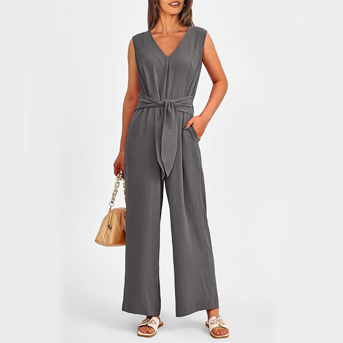 V-neck Sleeveless Long Jumpsuit With Pockets And Lace-up Design Wide-leg Straight Trousers