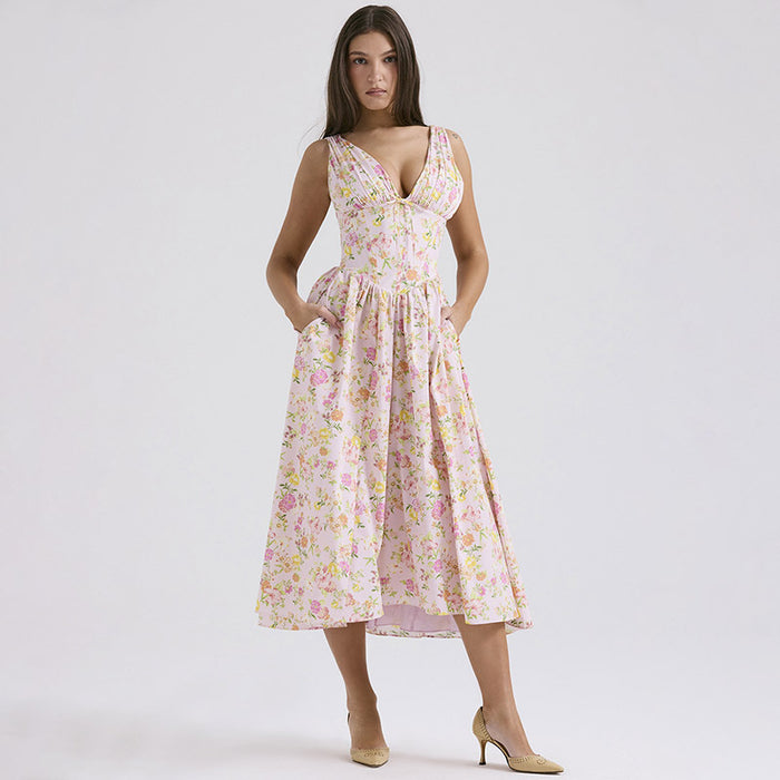 V-neck A-line Summer Pleated Floral Print Swing Dress