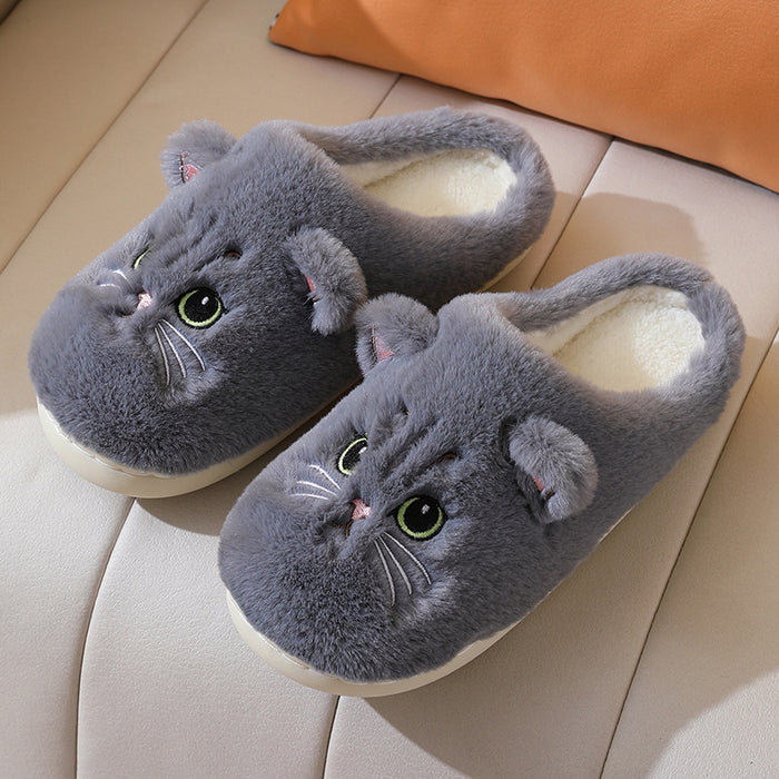 Cute Cat Plush Slippers For Couple Non-slip House Shoes