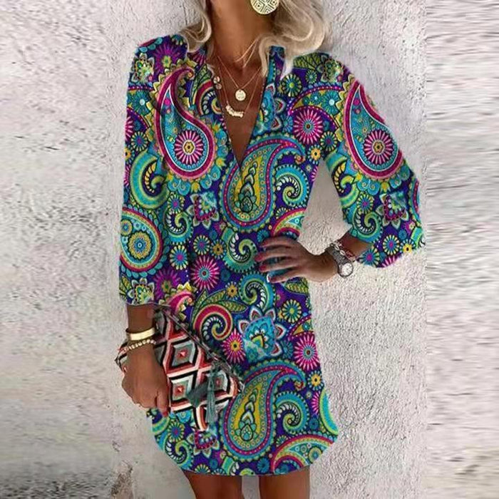 Summer Long Sleeve Printed Beach Bohemian Style Short Loose Dress