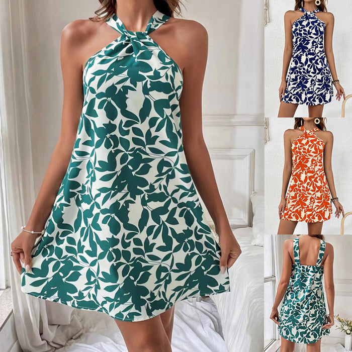 Fashion Leaf Print Halterneck Dress