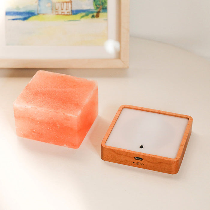 led square wooden base crystal salt lamp