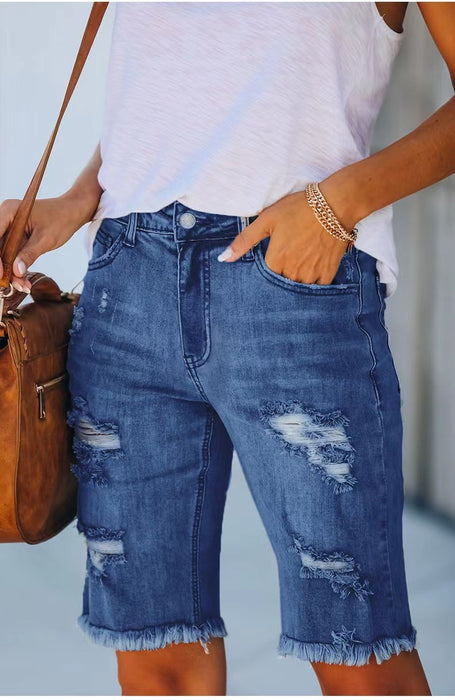 Summer Mid-waist Slim-fit Cropped Pants Ripped Tassel Jeans
