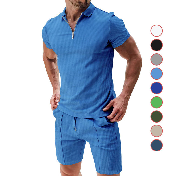 2Pcs Casual Waffle Suit Summer Zipper Lapel Short-sleeve Top And Drawstring Pockets Shorts Versatile Solid Color T-shirt Set