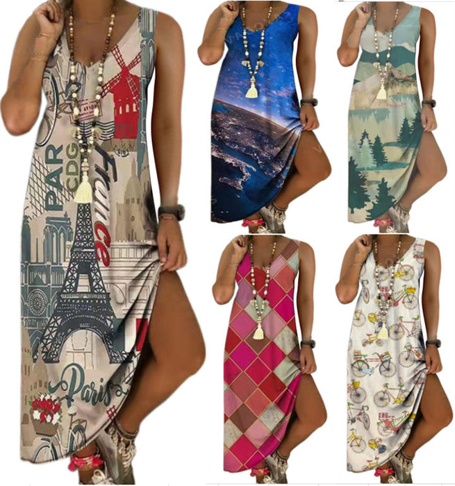 V-Neck Printed Sleeveless Long Jumpsuit Casual Beach Dress