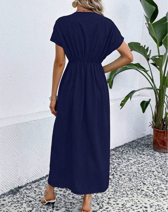 Solid Color V Neck Shoulder Sleeve Folding Elastic Waist Long Dress