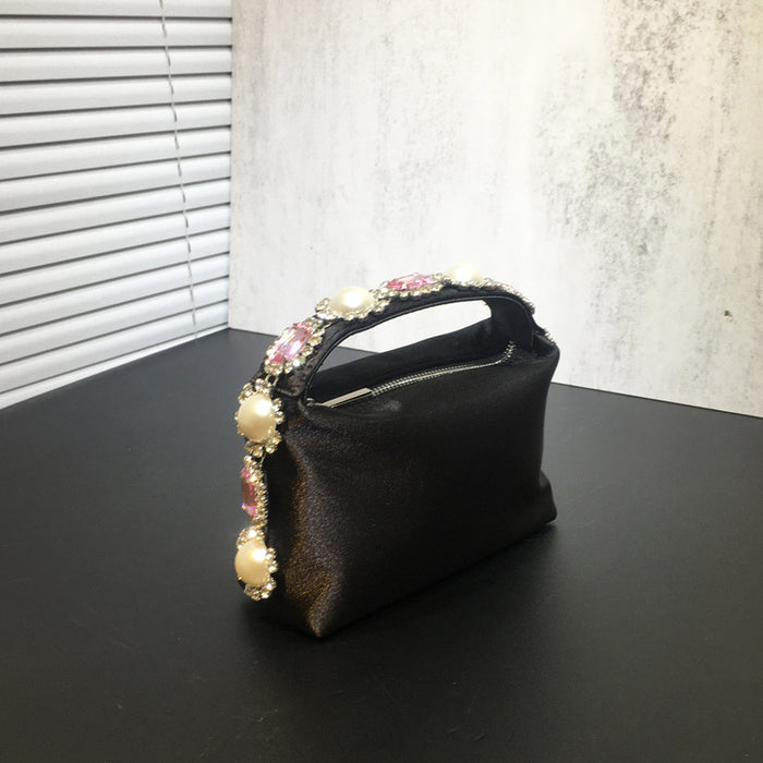 Flower Rhinestone Pearl Dinner Bag Silk Diamond Clutch