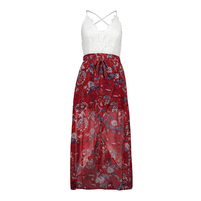 Lace stitching printed sling V-neck holiday beach long skirt split cheongy dress