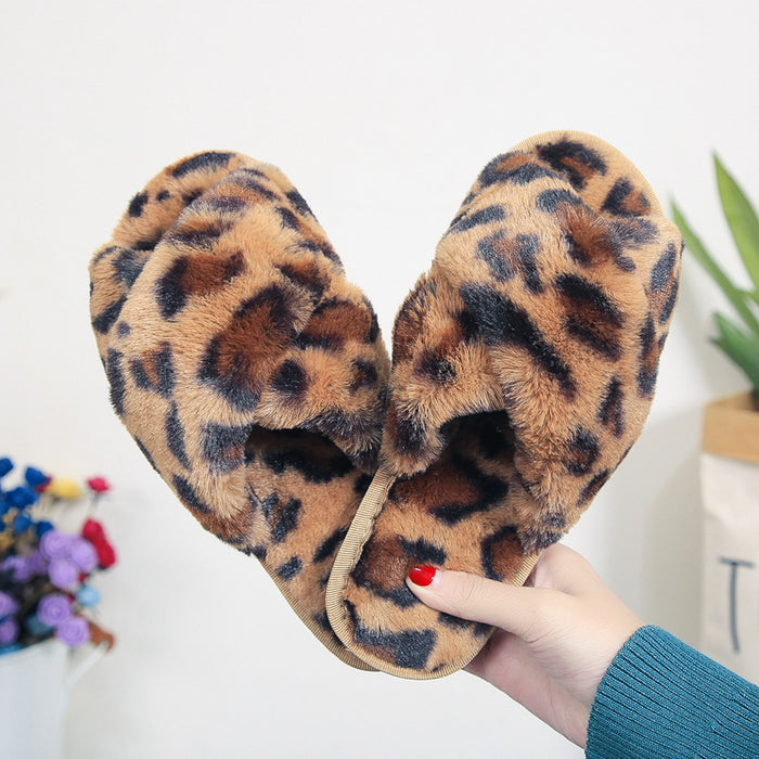 Cross-strap Fuzzy Slippers Leopard Plush House Shoes Flat Bedroom Slippers