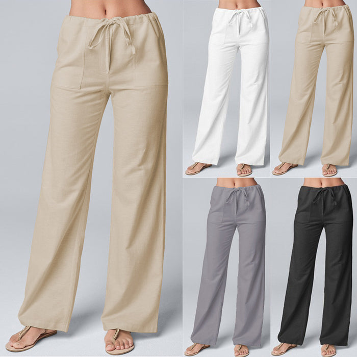 Solid Color Loose Lace-up Cotton And Linen Straight-leg Pants