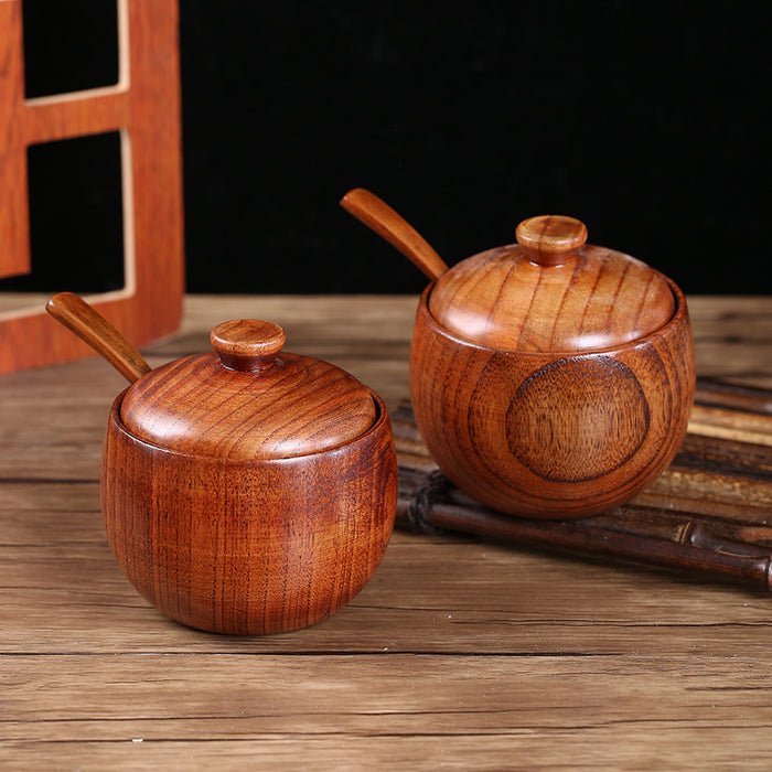 Jujube Wooden Salt Jar With Lid And Spoon