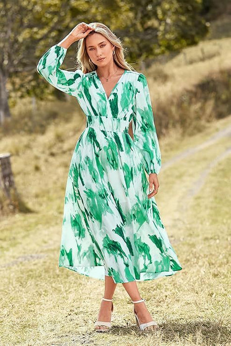 Casual Long Sleeve V-neck Printed Beach Dress