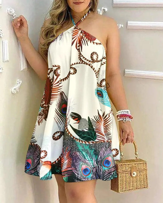 Printed Dress Summer Off-Shoulder Hanging Neck Sleeveless Dress
