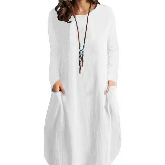 Cotton And Linen Loose Casual Solid Color Long-sleeve Dress