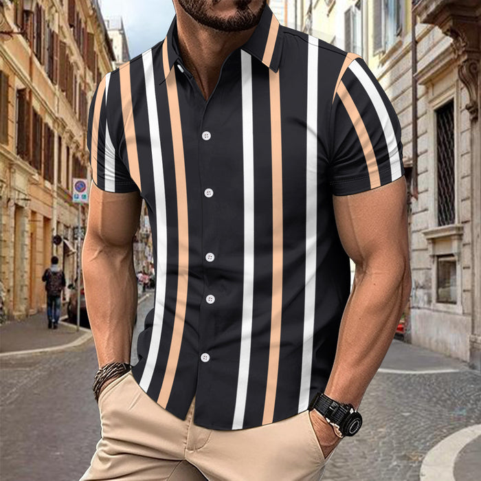 Casual Stripe Printed Short Sleeve Shirt Summer Lapel Button Top