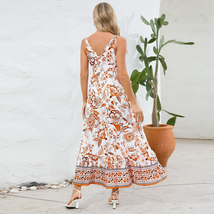 Fashion Floral Print V-neck  Long Dress