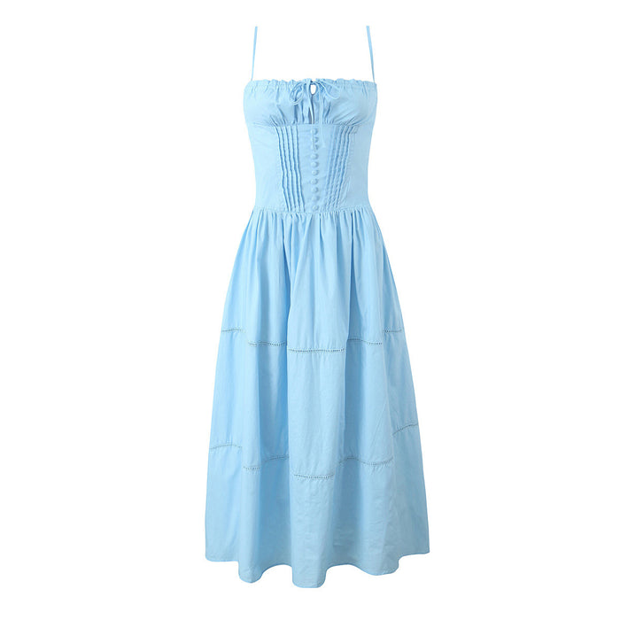 Women's French Suspender Long Dress Button Lace-up Summer Dress