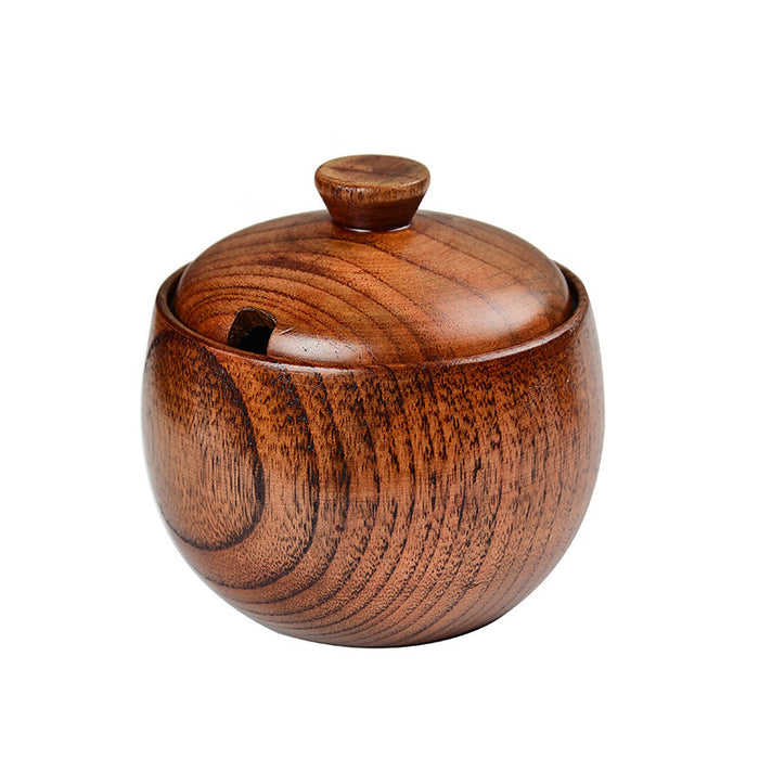 Jujube Wooden Salt Jar With Lid And Spoon