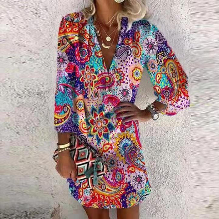 Summer Long Sleeve Printed Beach Bohemian Style Short Loose Dress