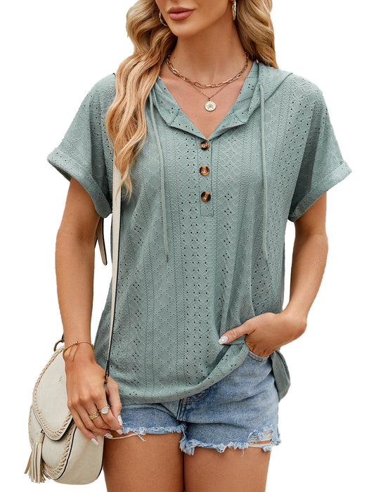 Solid Color Hooded Button T-shirt Loose Short-sleeve Top