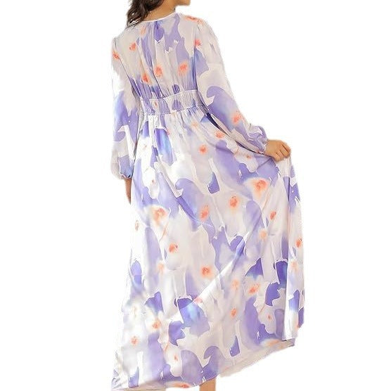 Casual Long Sleeve V-neck Printed Beach Dress