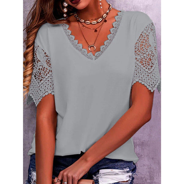 Lace Top Summer Loose V Neck Short Sleeve Casual Shirts