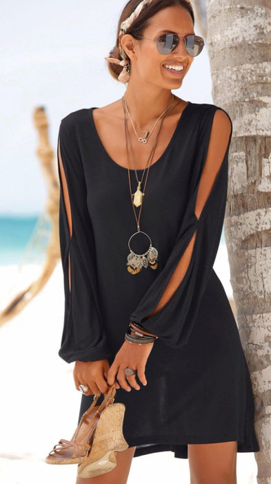 V-neck Loose Shoulder Long Sleeve Casual Beach Dress