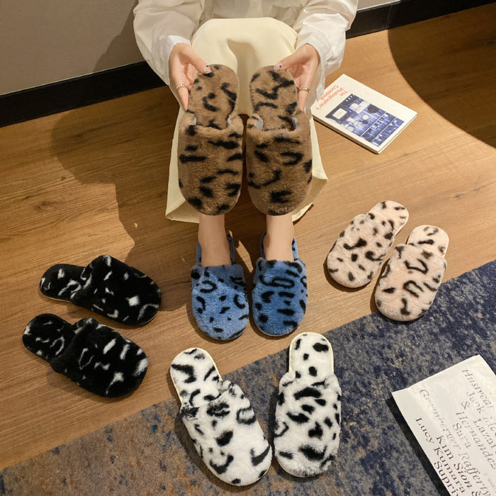 Autumn And Winter Cotton Slippers Women's Toe Cap Leopard Plush