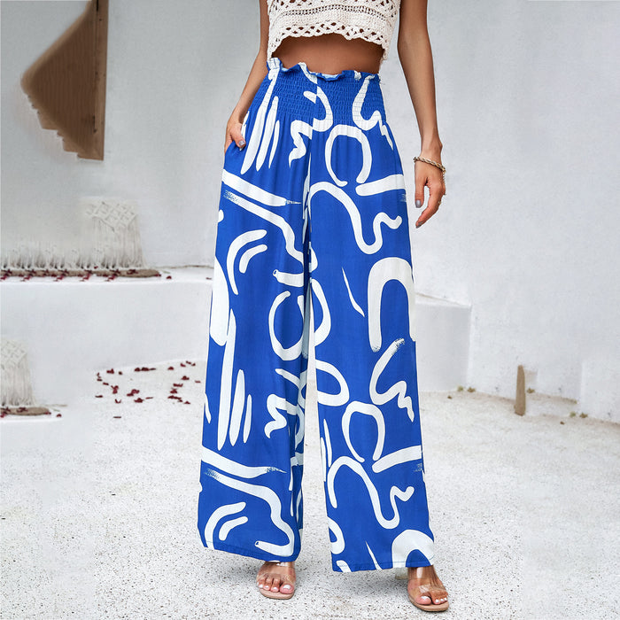 Elegant Printed Trousers Summer Loose Elastic High Waist Straight Pants