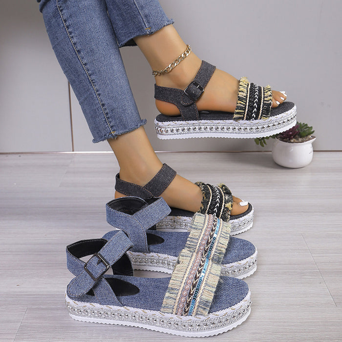 Fashion Tassel Denim Sandals With Thick-soled Flat Heel New Summer Hemp Rope Sole Ethnic Style Shoes For Women