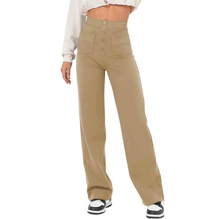 High Waist Trousers With Pockets Casual Loose Wide Leg Button Straight Pants