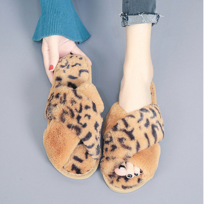 Cross-strap Fuzzy Slippers Leopard Plush House Shoes Flat Bedroom Slippers