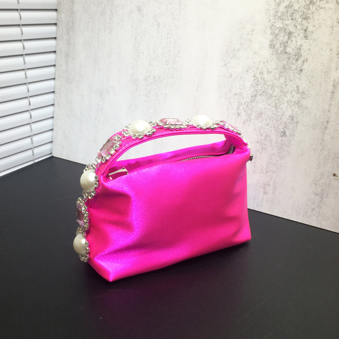 Flower Rhinestone Pearl Dinner Bag Silk Diamond Clutch